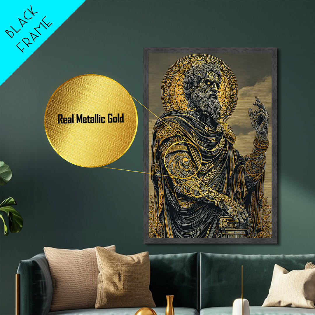 Olympian Deity Metallic Gold Art, Ancient Mythology Wall Print, Power And Strength Decor, Luxury Metal Artwork, Real Wood Frame