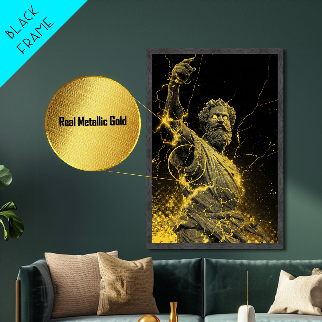 Lightning God Metallic Gold Art, Powerful Zeus Wall Print, Mythology Inspired Decor, Ancient Greek Metal Artwork, Real Wood Frame