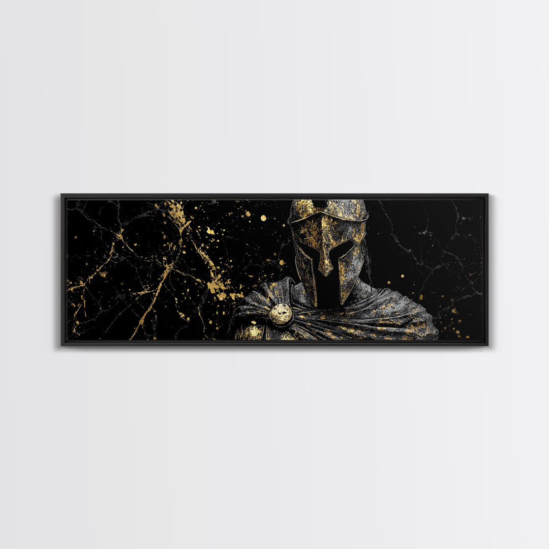 Spartan Warrior Bust Artwork, Ancient Greek Mythological Hero Decorative Symbol, Gold Canvas Print, Real Wood Frame Wall Decor