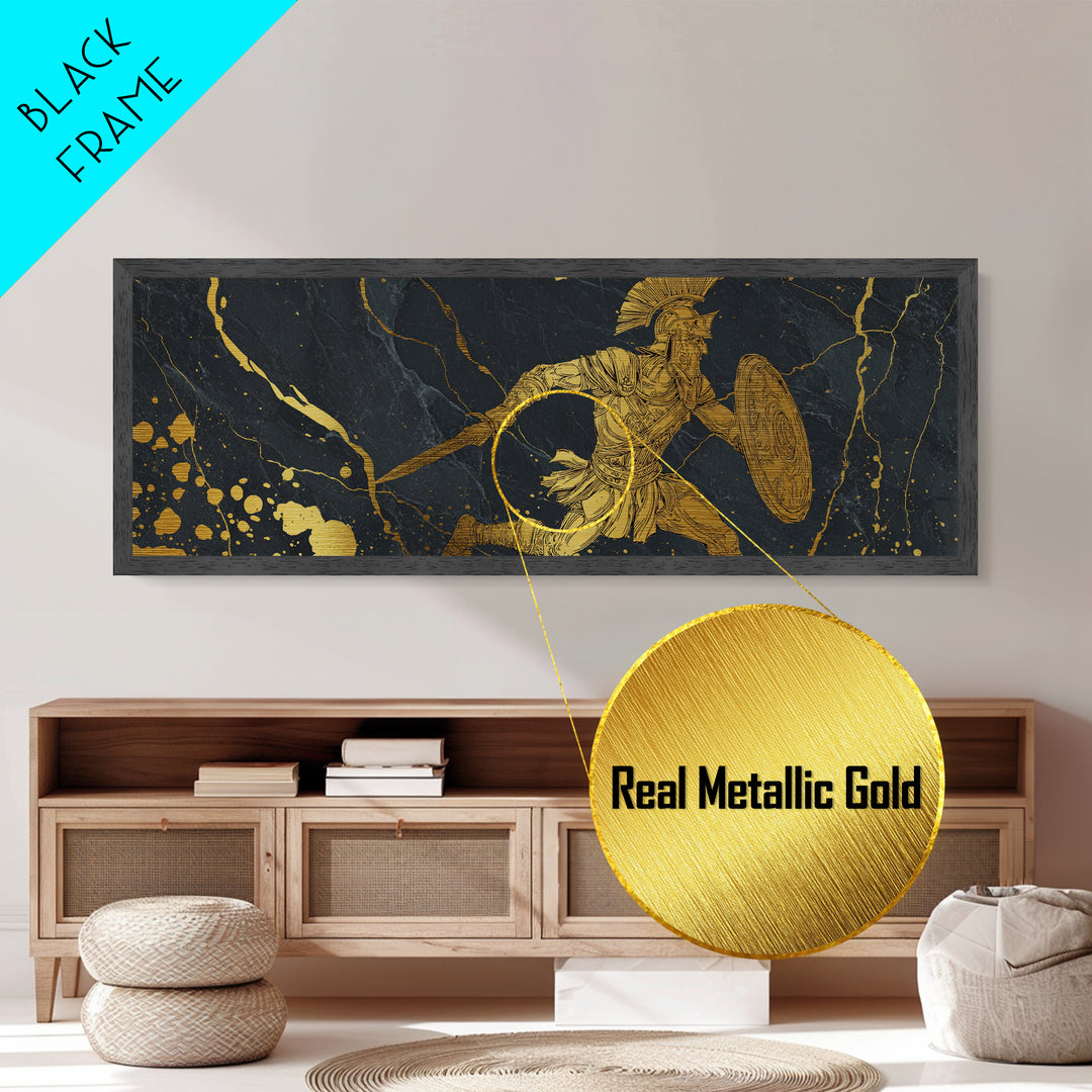 Spartan Warrior With Sword And Shield, Ancient Greek Mythology Wall Decor, Metallic Gold Metal Print, Real Wood Frame