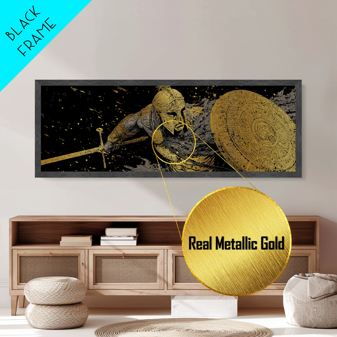 Ornate Spartan Warrior With Shield And Sword, Ancient Battle Scene Artwork, Metallic Gold Metal Print, Real Wood Frame
