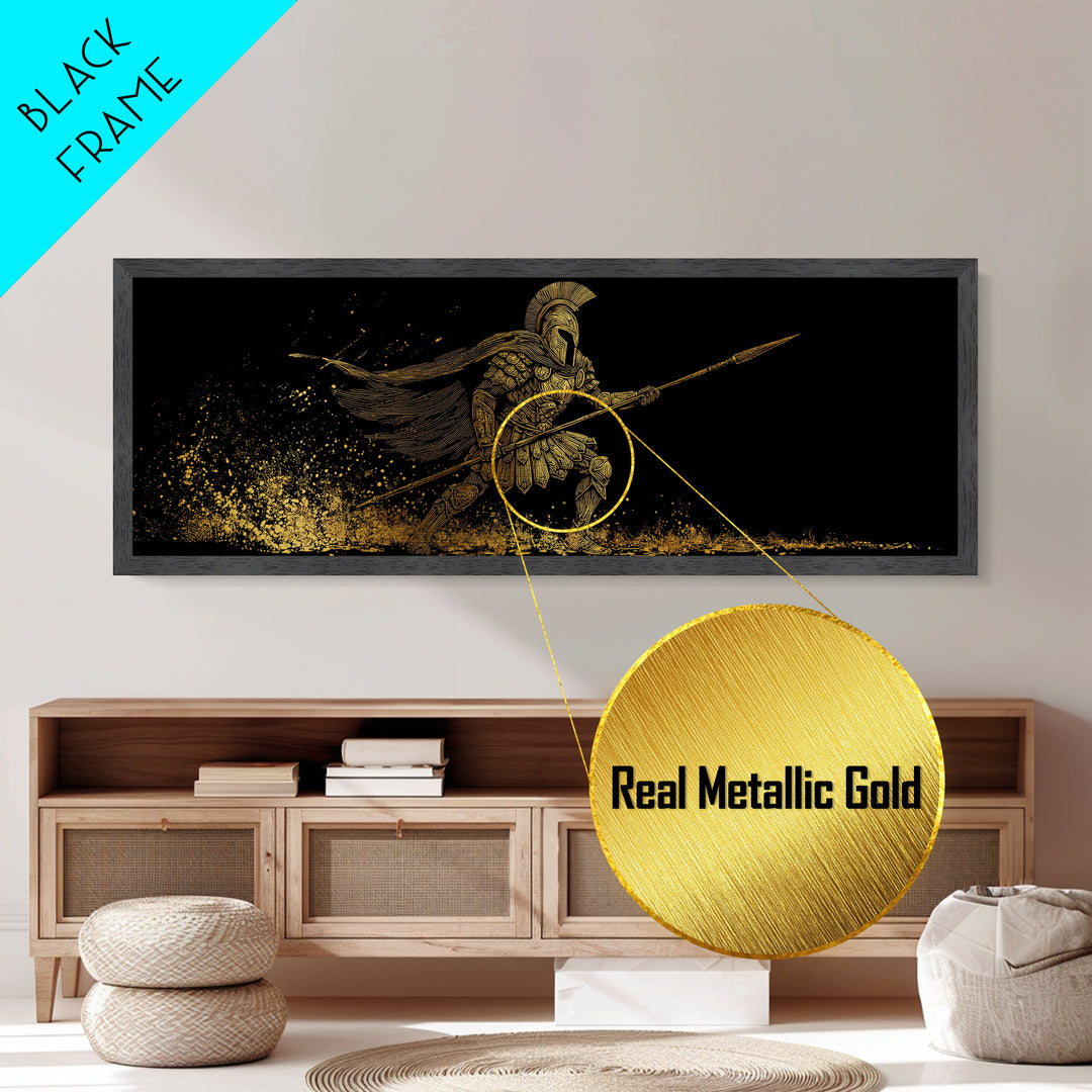 Spartan Warrior With Flowing Cape And Spear, Ancient Greek Mythology Decor, Metallic Gold Metal Print, Real Wood Frame