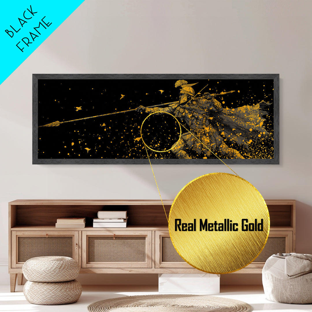 Greek Warrior Throwing Spear In Battle, Ancient Spartan Hero Wall Art, Metallic Gold Metal Print, Real Wood Frame