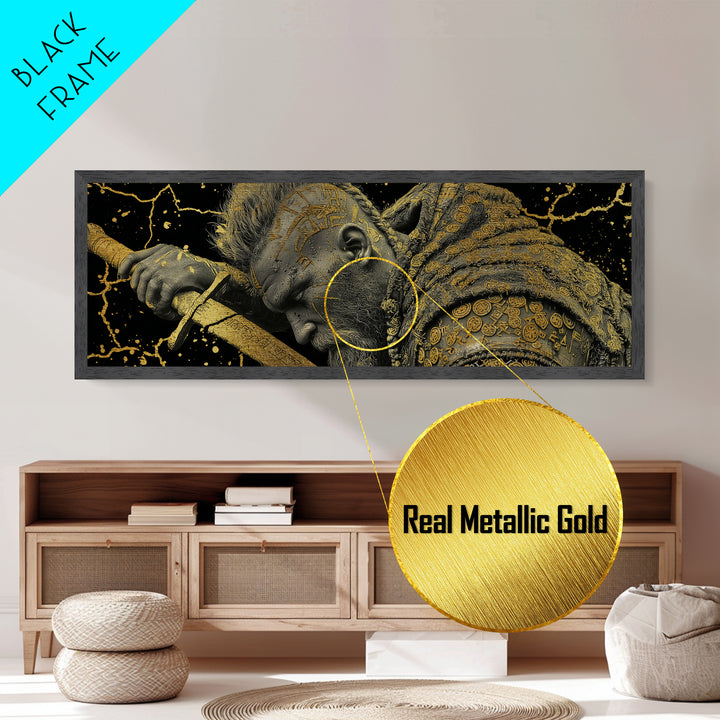 Viking Warrior With Sword And Runes, Mythological Hero Artwork, Metallic Gold Metal Print, Real Wood Frame