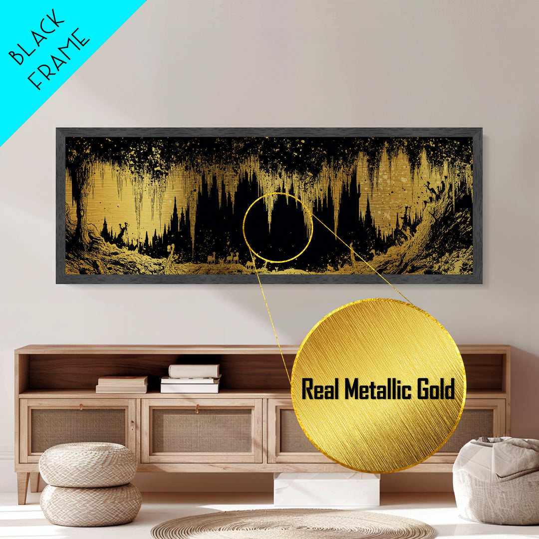 Golden Cave With Stalactites And Figures, Mythological Decorative Wall Art, Metallic Gold Metal Print, Real Wood Frame