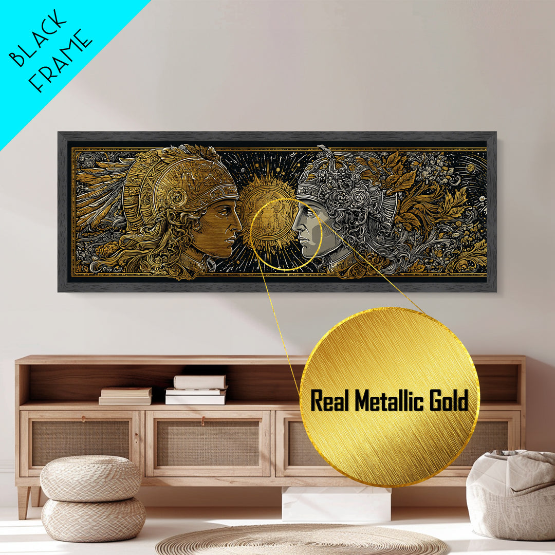 Warrior Gods Face To Face, Ancient Mythological Helmet Artwork, Metallic Gold Metal Print, Real Wood Frame Wall Art