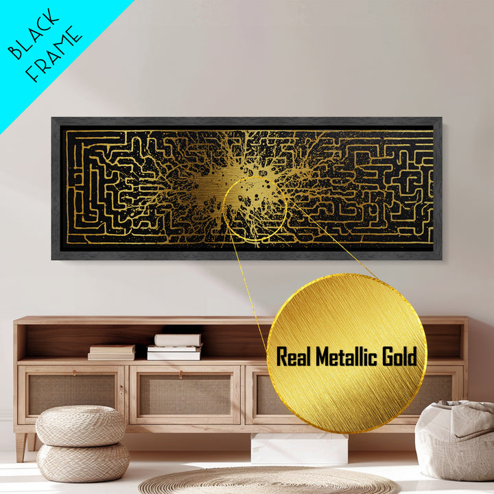 Intricate Labyrinth Pattern Artwork, Mythological Maze Wall Decor, Metallic Gold Metal Print, Real Wood Frame