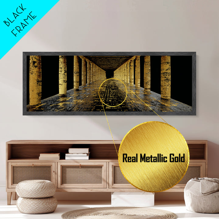 Endless Golden Pillars Corridor, Ancient Greek Architecture Metallic Gold Metal Print, Mythology Wall Art, Real Wood Frame