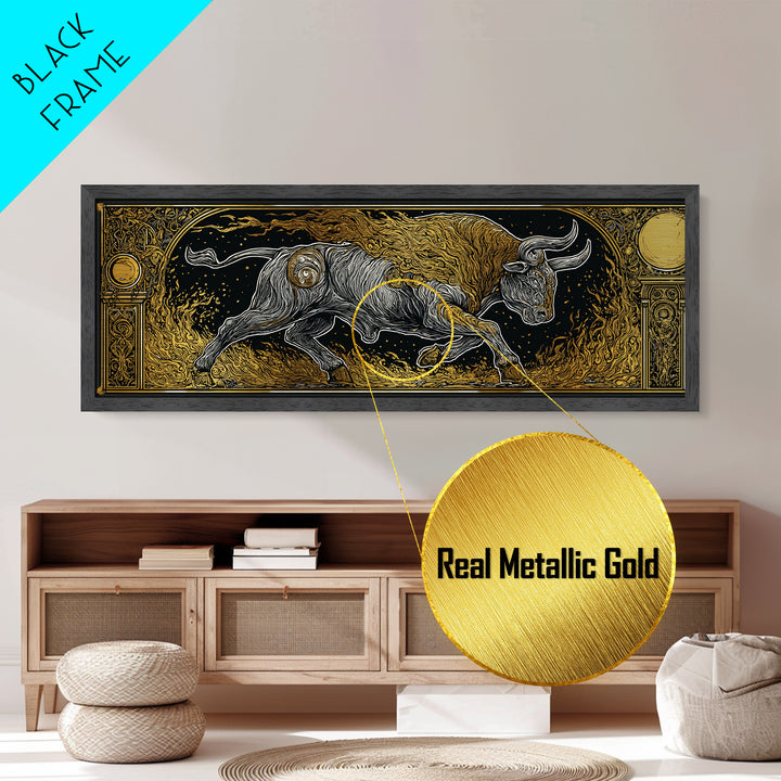 Fiery Bull Of Mythology, Charging Beast Symbol Of Strength, Metallic Gold Metal Print, Real Wood Frame Wall Artwork