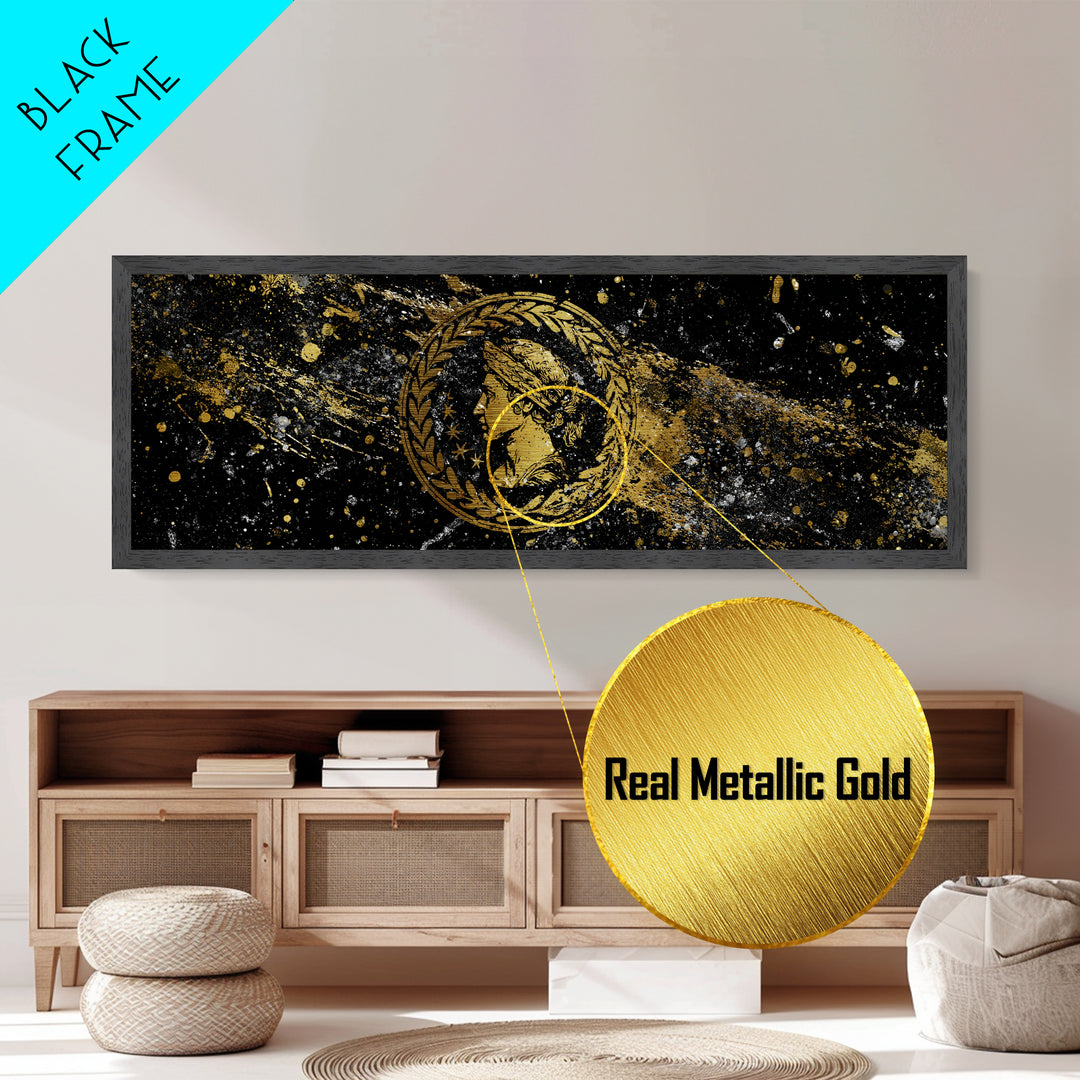 Roman Coin Inspired Portrait, Classical Ancient Empire Wall Artwork, Metallic Gold Metal Print, Real Wood Frame Art
