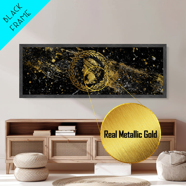 Roman Coin Inspired Portrait, Classical Ancient Empire Wall Artwork, Metallic Gold Metal Print, Real Wood Frame Art