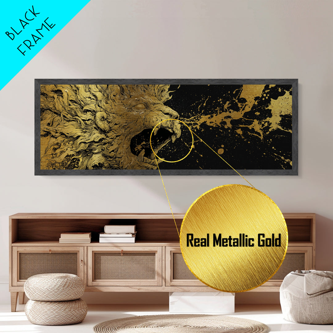 Roaring Lion Of Mythology, Fierce King Of Beasts Ancient Artwork, Metallic Gold Metal Print, Real Wood Frame Wall Decor