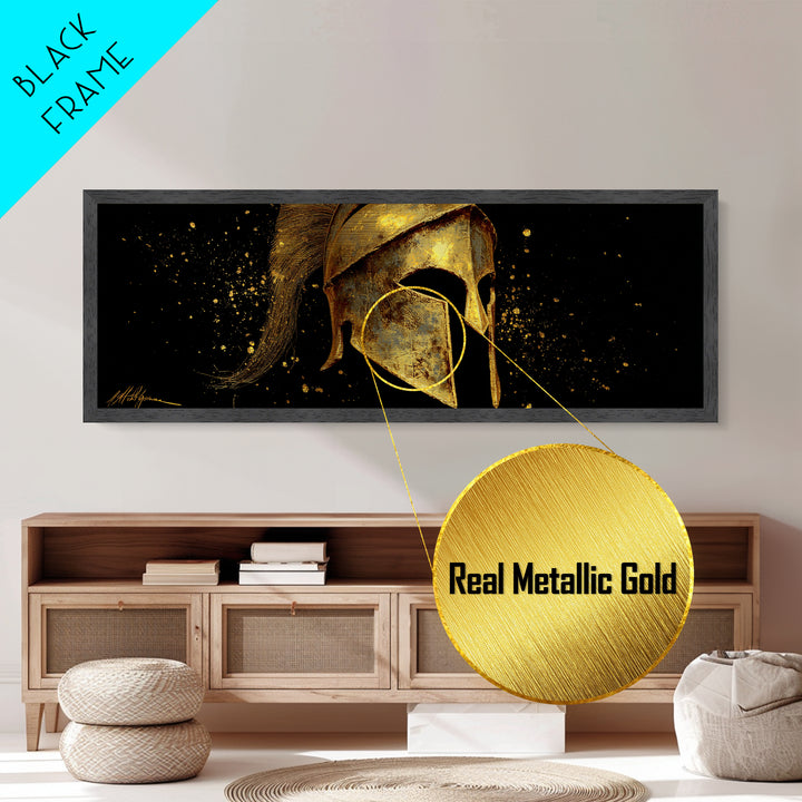 Spartan Warrior Helmet, Ancient Greek Armor Mythological Artwork, Metallic Gold Metal Print, Real Wood Frame Wall Art
