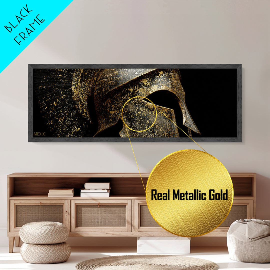 Spartan Helmet Close Up, Ancient Greek Warrior Armor Wall Decor, Metallic Gold Metal Print, Real Wood Frame