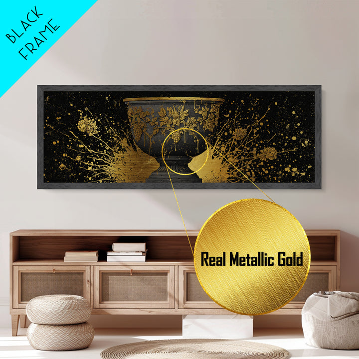 Grapevine Chalice Artwork, Classical Mythological Cup Decorative Wall Design, Metallic Gold Metal Print, Real Wood Frame Wall Art