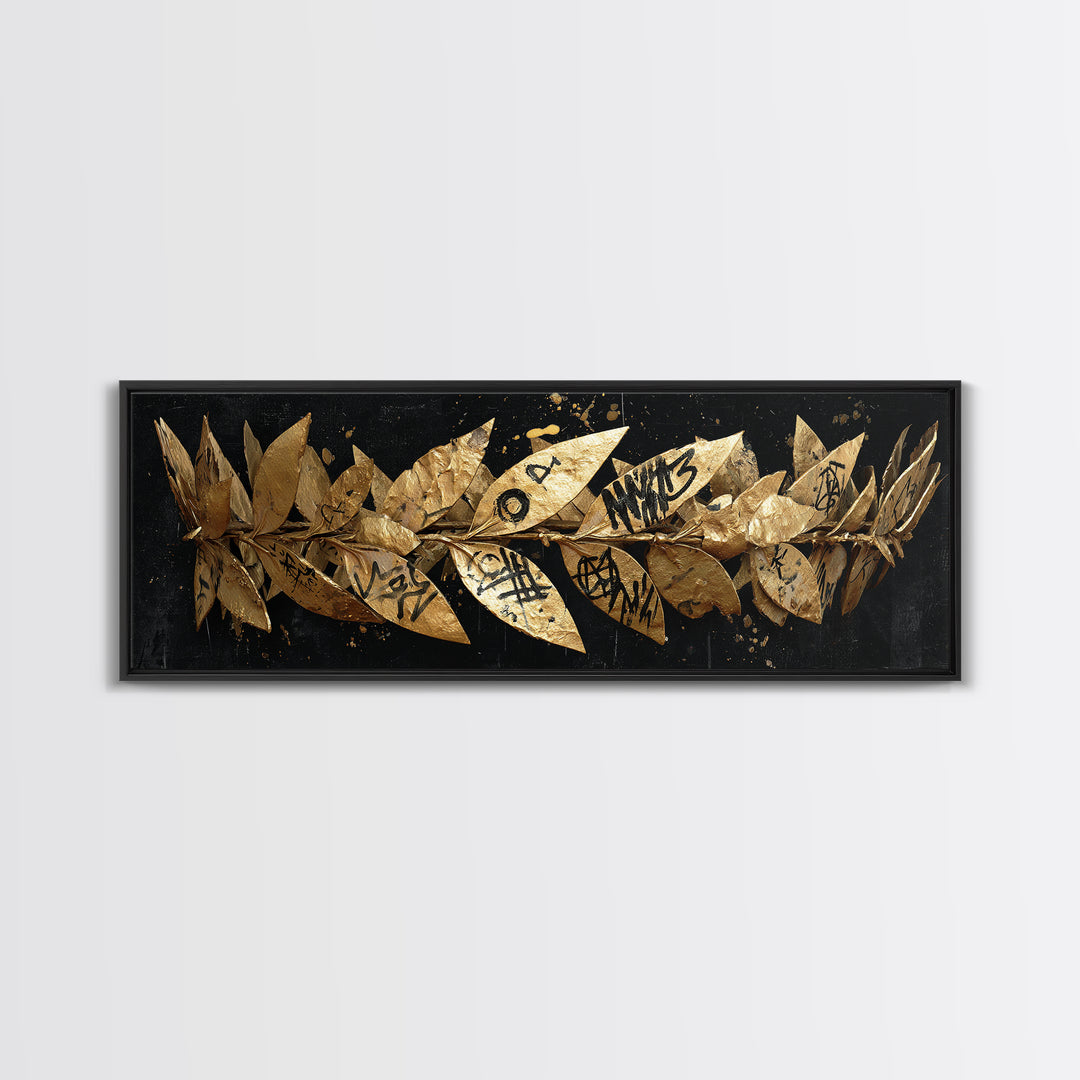 Laurel Wreath Crown, Ancient Greek Symbol Of Victory Decorative Wall Artwork, Gold Canvas Print, Real Wood Frame Decor