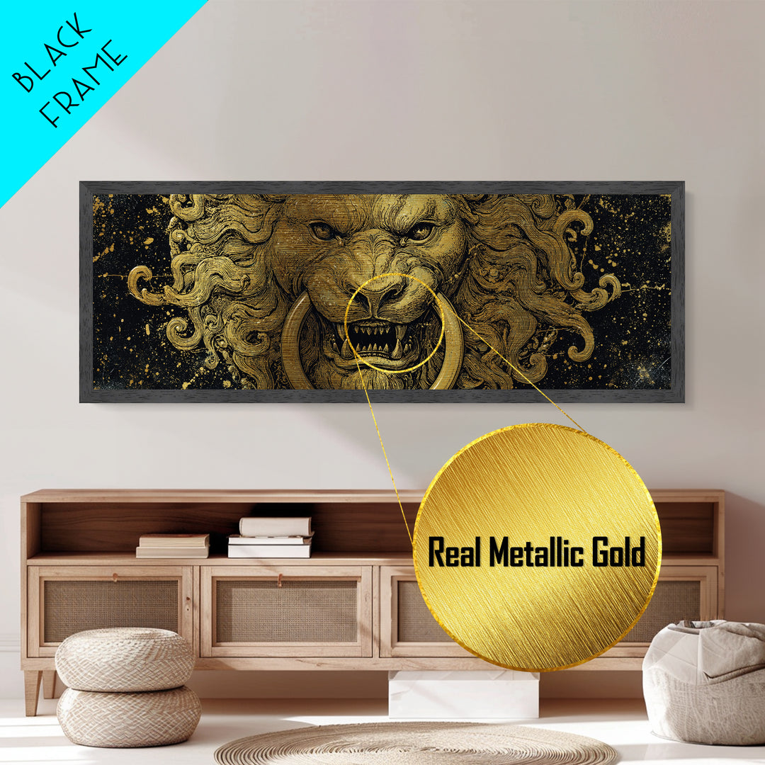 Roaring Lion Head, Fierce Mythological Beast Symbol Of Power Wall Artwork, Metallic Gold Metal Print, Real Wood Frame Wall Decor