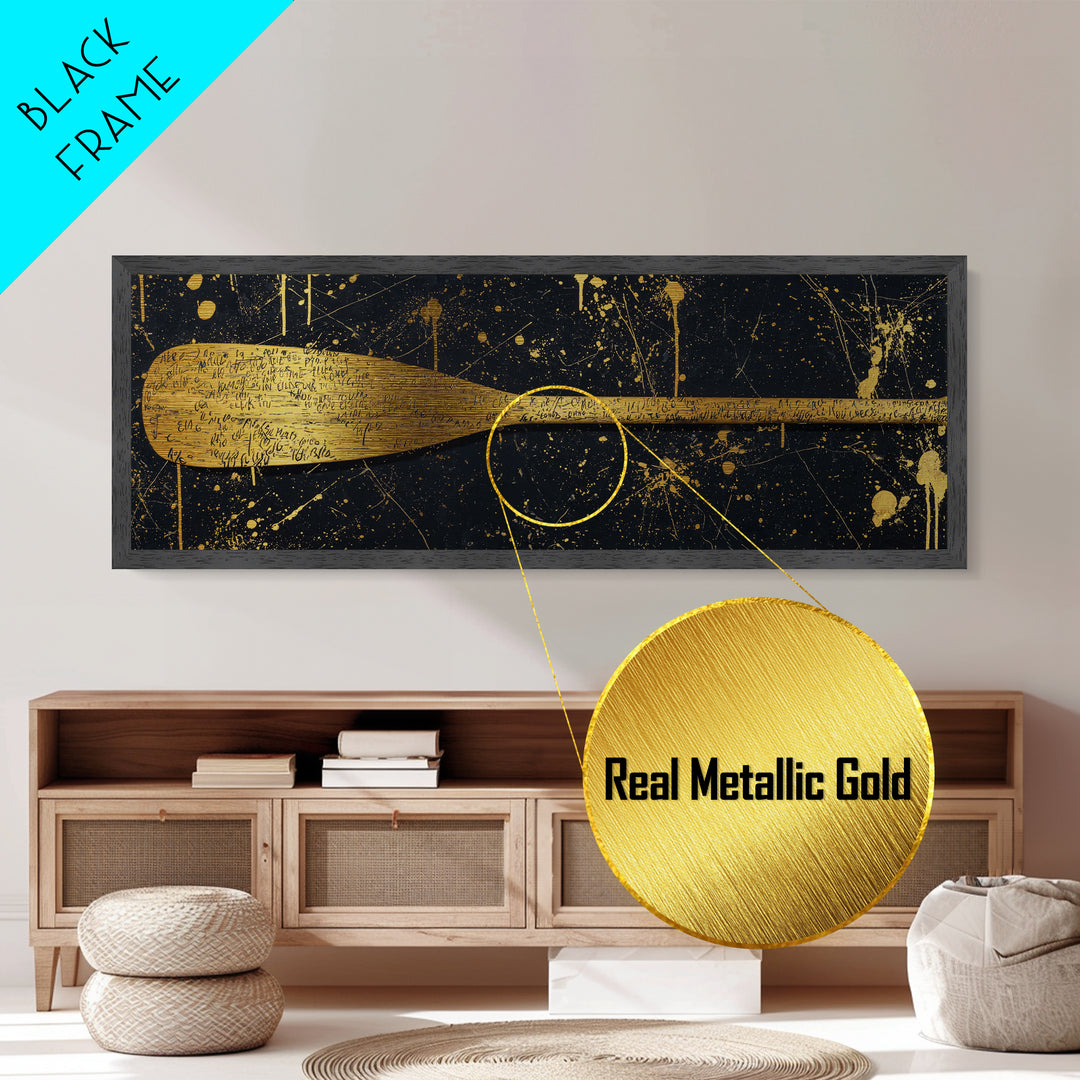 Ancient Oar Artwork, Mythological Paddle With Script Decorative Wall Design, Metallic Gold Metal Print, Real Wood Frame Wall Art