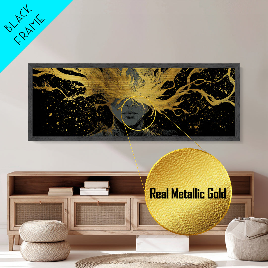 Blinded Mythological Figure, Flowing Fire Vision Symbolic Wall Artwork, Metallic Gold Metal Print, Real Wood Frame Wall Decor