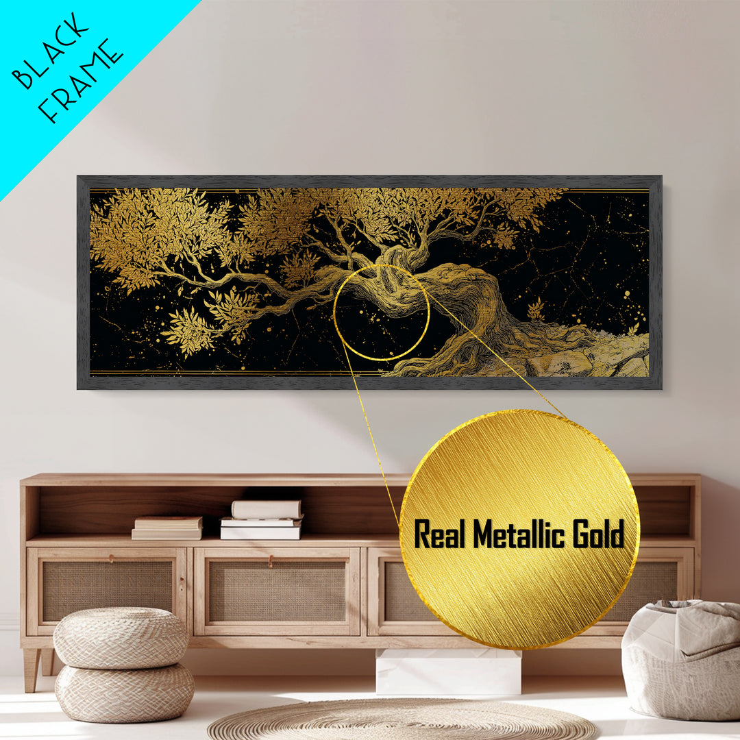 Ancient Olive Tree Artwork, Mythological Symbol Of Peace Decorative Wall Design, Metallic Gold Metal Print, Real Wood Frame Art