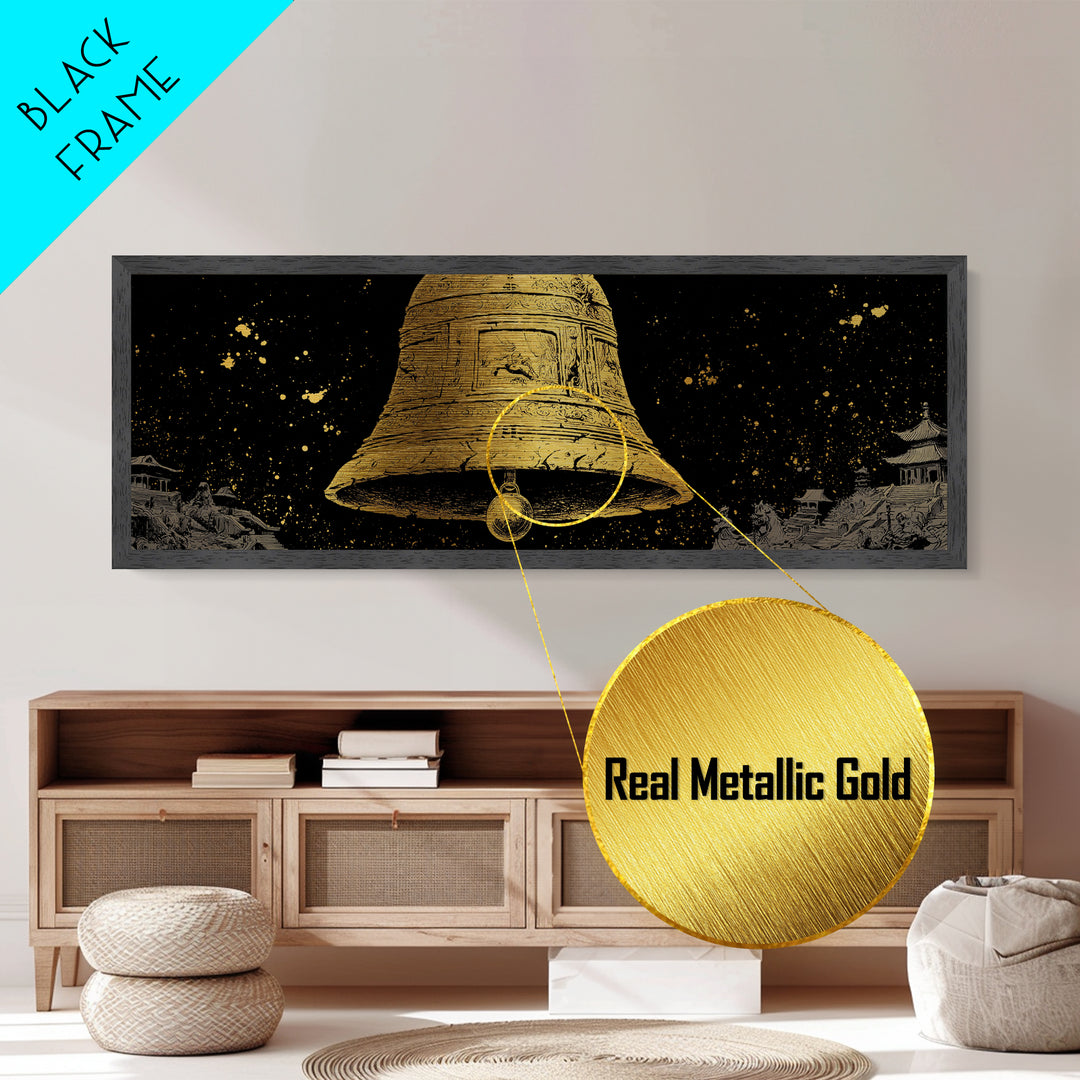 Ancient Golden Bell Artwork, Mythological Temple Scene Decorative Wall Art, Metallic Gold Metal Print, Real Wood Frame Decor
