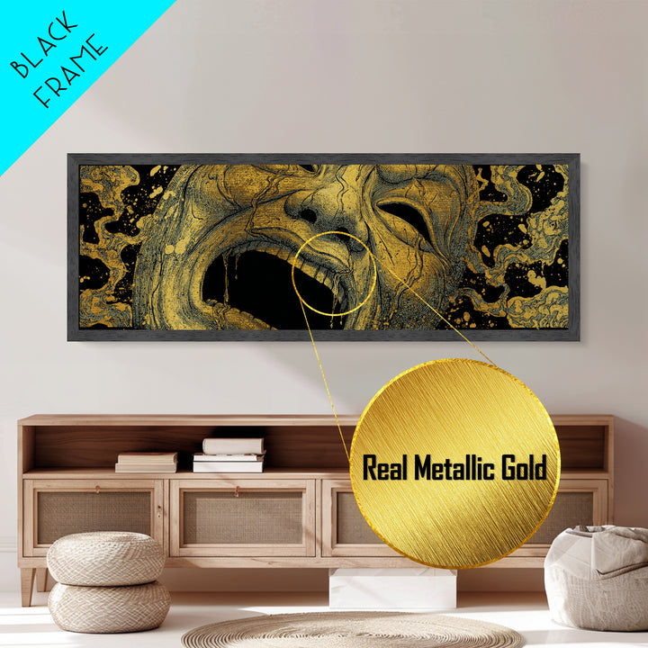 Screaming Tragedy Mask, Ancient Greek Mythological Theater Artwork, Metallic Gold Metal Print, Real Wood Frame Wall Decor