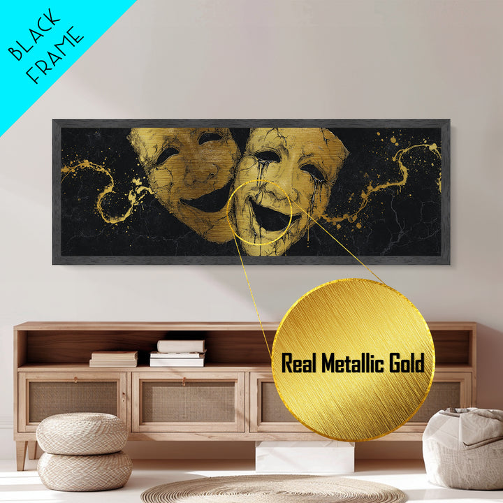 Comedy And Tragedy Masks, Ancient Greek Theater Symbolic Mythological Artwork, Metallic Gold Metal Print, Real Wood Frame Wall Art