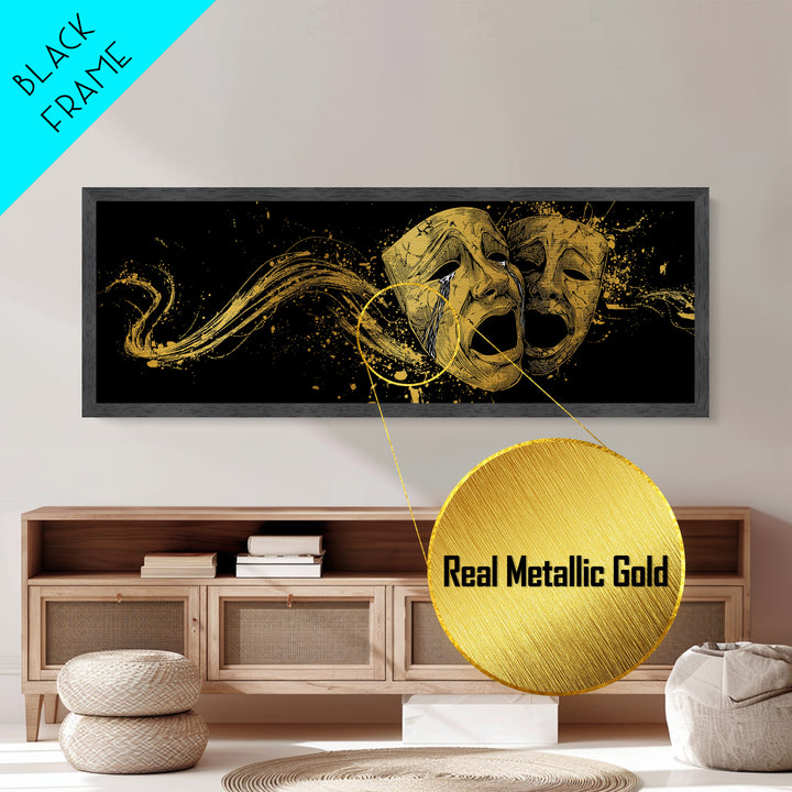 Paired Tragic Masks, Mythological Theater Symbol Decorative Wall Artwork, Metallic Gold Metal Print, Real Wood Frame Wall Decor