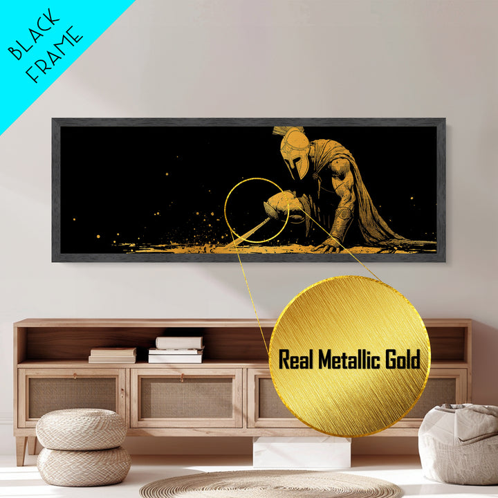 Greek Warrior Kneeling, Ancient Mythological Spartan Soldier With Spear Artwork, Metallic Gold Metal Print, Real Wood Frame Decor