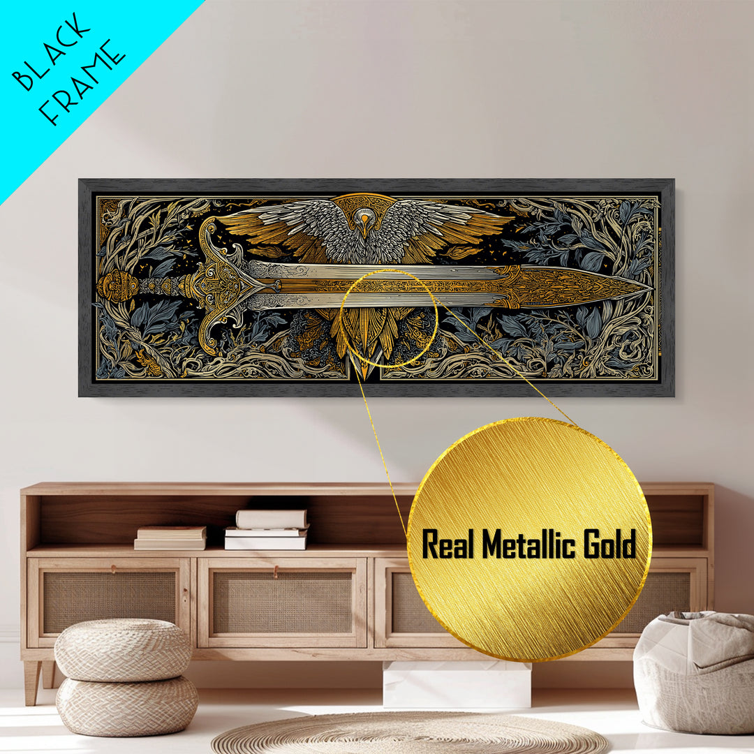 Sword With Wings, Mythological Weapon And Guardian Bird Decorative Wall Artwork, Metallic Gold Metal Print, Real Wood Frame Art