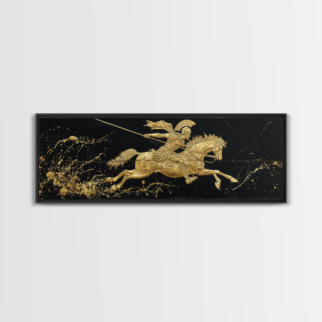 Spartan Warrior On Horse, Ancient Greek Mythological Rider With Spear Artwork, Gold Canvas Print, Real Wood Frame Wall Decor