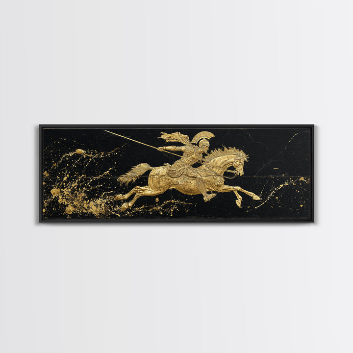 Spartan Warrior On Horse, Ancient Greek Mythological Rider With Spear Artwork, Gold Canvas Print, Real Wood Frame Wall Decor