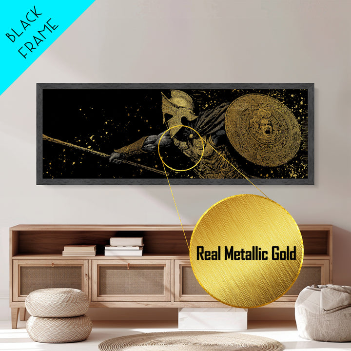Heroic Warrior With Shield, Ancient Greek Spartan Mythological Battle Artwork, Metallic Gold Metal Print, Real Wood Frame Wall Decor
