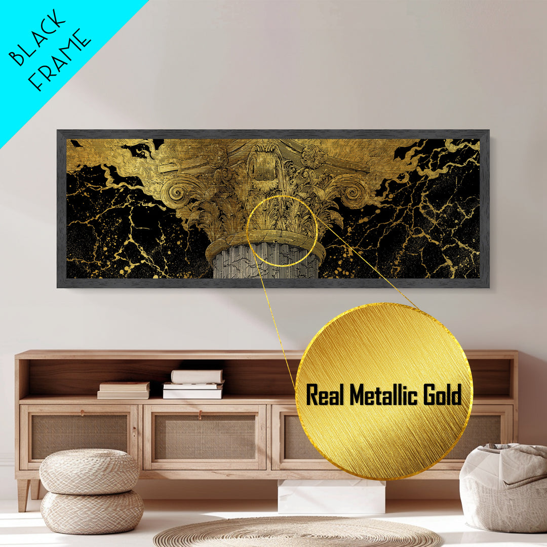 Classical Corinthian Column, Ancient Pillar Decorative Architectural Artwork, Metallic Gold Metal Print, Real Wood Frame Wall Art