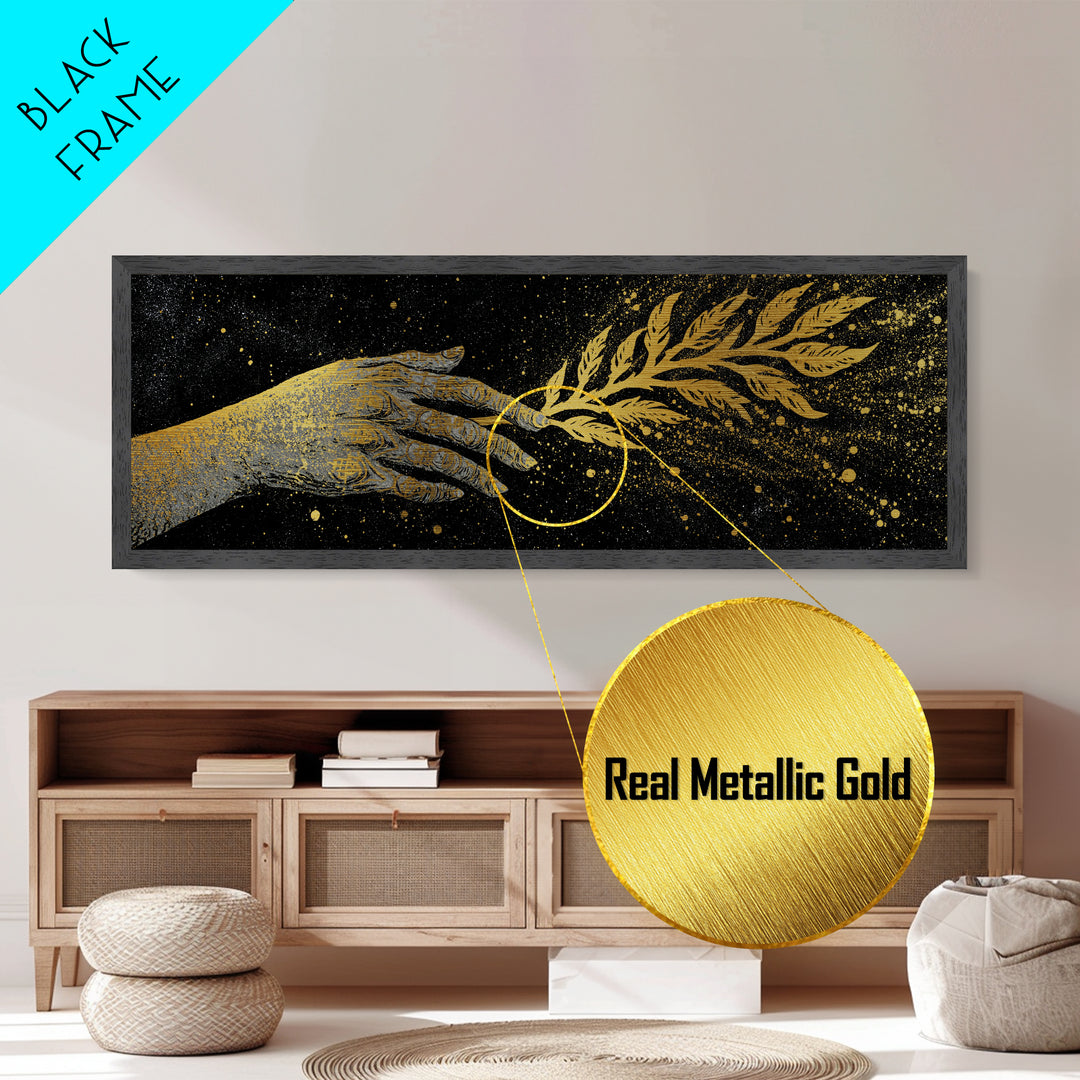 Hand With Olive Branch, Mythological Symbol Of Peace Decorative Wall Artwork, Metallic Gold Metal Print, Real Wood Frame Wall Art