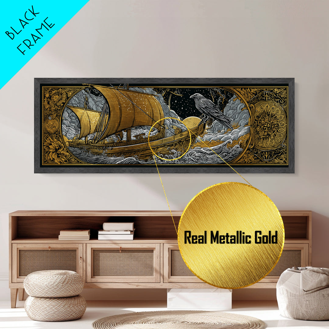 Ancient Sailing Ship, Mythological Vessel With Raven Decorative Wall Artwork, Metallic Gold Metal Print, Real Wood Frame Wall Decor