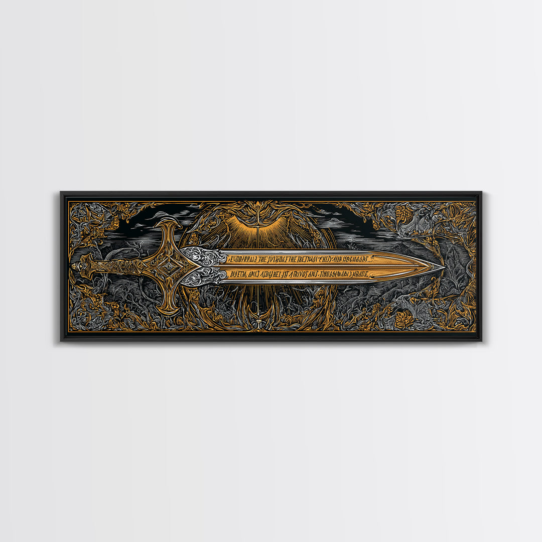 Ornate Mythological Sword, Decorative Ancient Weapon Symbolic Wall Artwork, Gold Canvas Print, Real Wood Frame Wall Decor