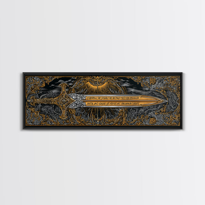Ornate Mythological Sword, Decorative Ancient Weapon Symbolic Wall Artwork, Gold Canvas Print, Real Wood Frame Wall Decor