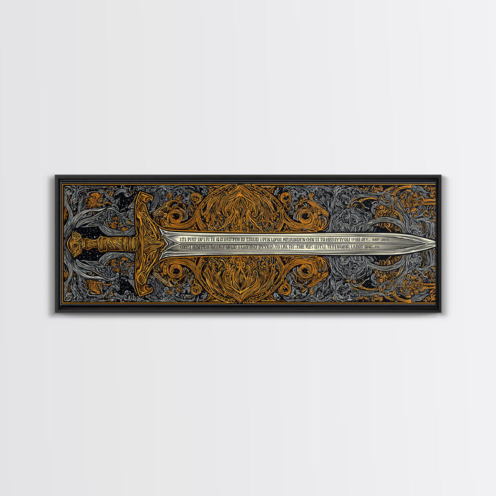 Epic Ancient Sword, Mythological Weapon Of Power Decorative Wall Artwork, Gold Canvas Print, Real Wood Frame Wall Decor