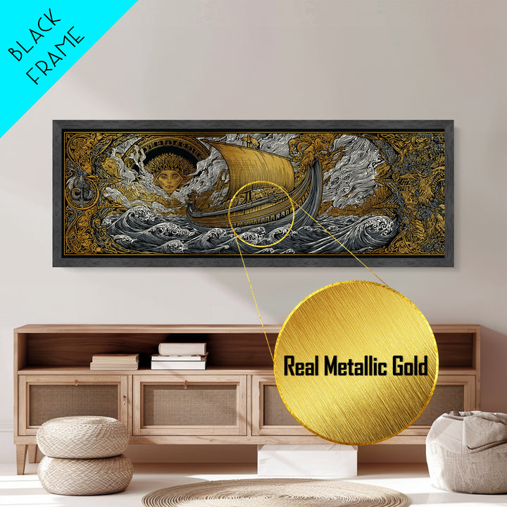 Mythological Sun Face And Ancient Ship, Epic Sea Voyage Decorative Wall Artwork, Metallic Gold Metal Print, Real Wood Frame Decor