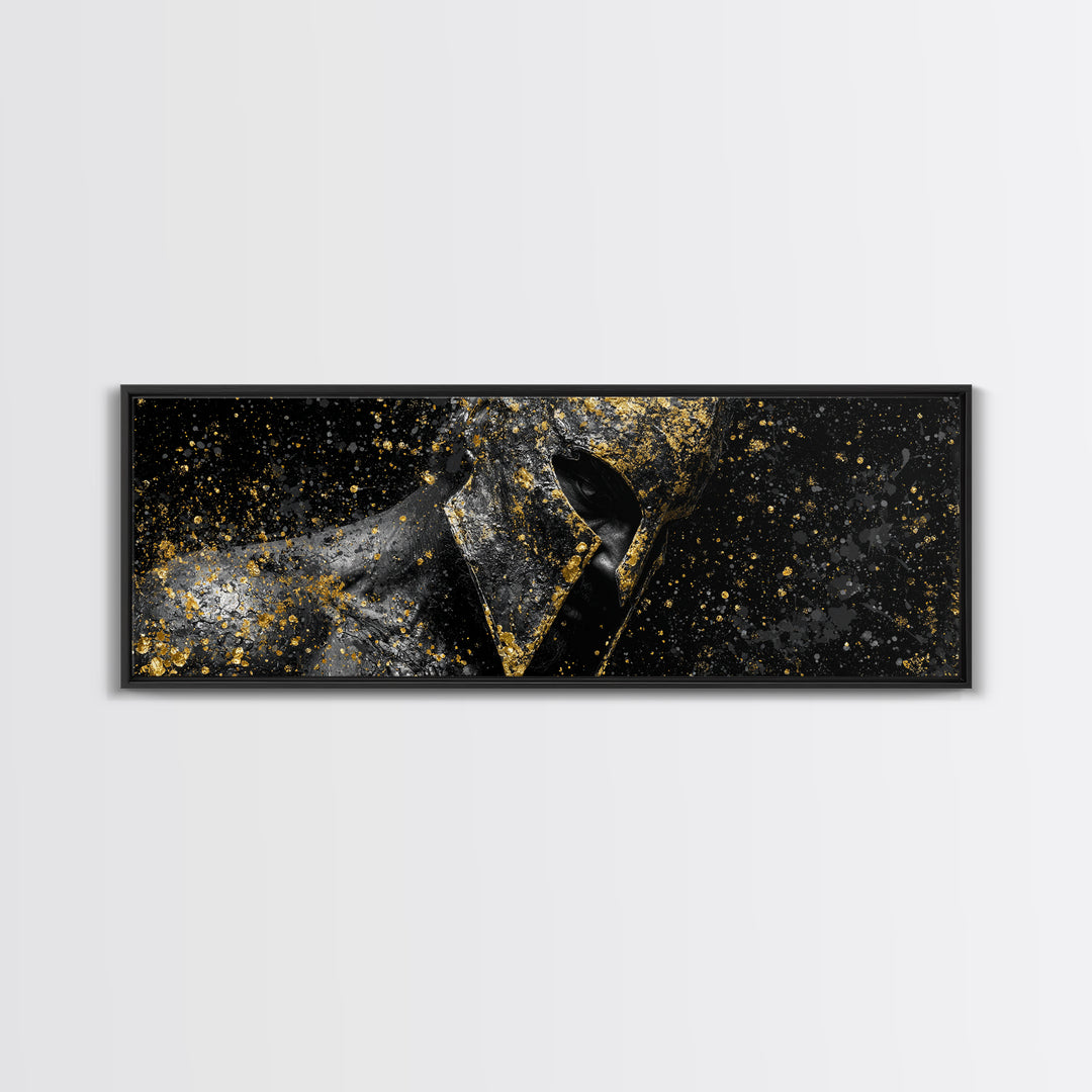 Abstract Spartan Helmet, Mythological Greek Warrior Armor Decorative Wall Artwork, Gold Canvas Print, Real Wood Frame Decor