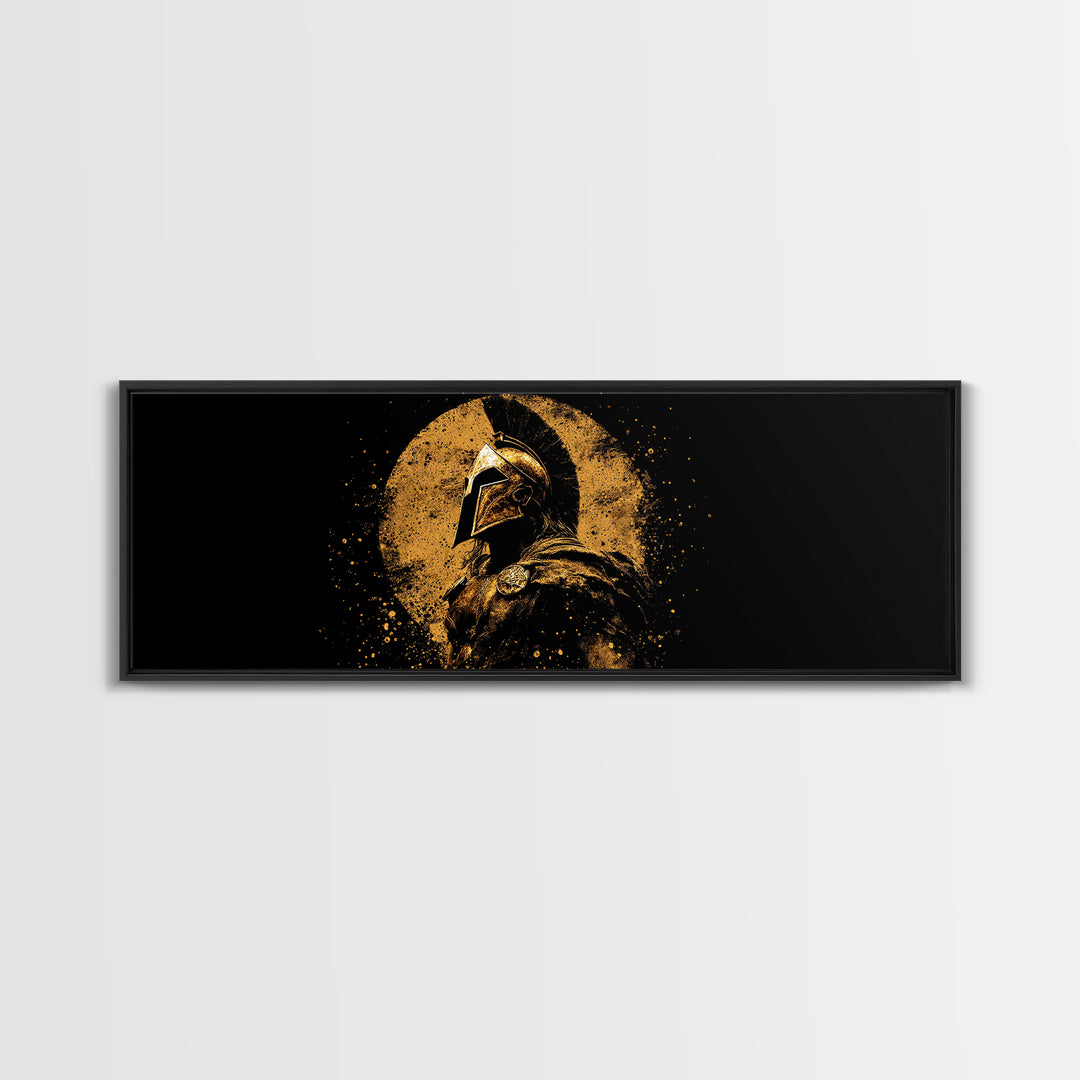 Heroic Spartan Warrior, Ancient Greek Mythological Armor Symbol Decorative Artwork, Gold Canvas Print, Real Wood Frame Wall Art