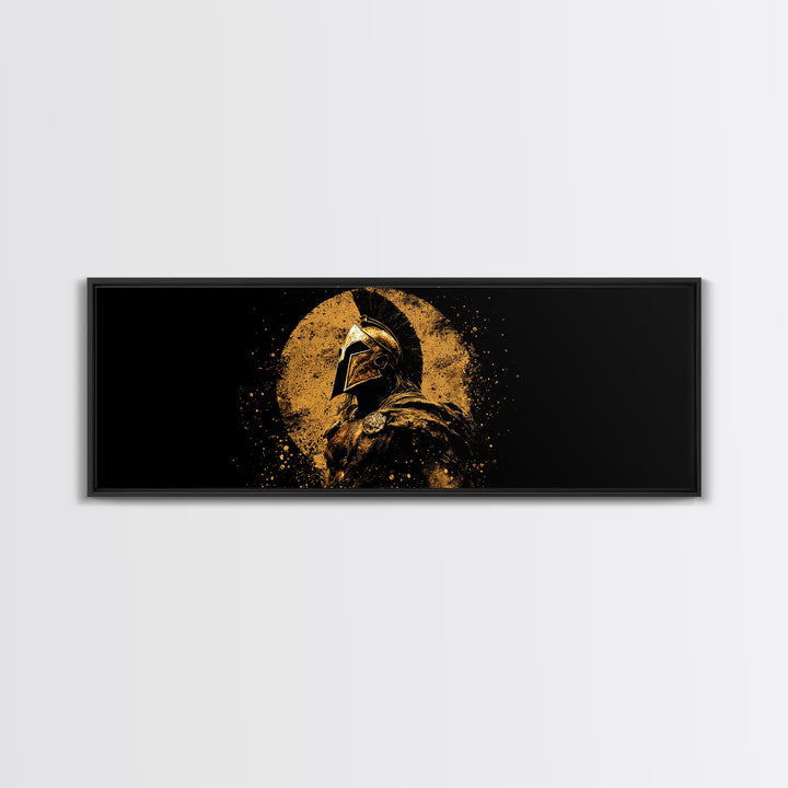Heroic Spartan Warrior, Ancient Greek Mythological Armor Symbol Decorative Artwork, Gold Canvas Print, Real Wood Frame Wall Art