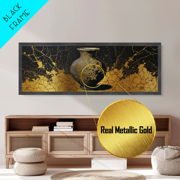 Ancient Golden Vase, Mythical Dragon Engraving Wall Decor, Metallic Gold Metal Print, Real Wood Framed Art