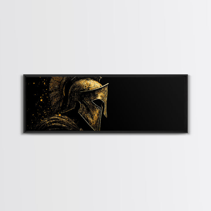 Spartan Helmet Profile, Ancient Greek Mythological Warrior Armor Decorative Artwork, Gold Canvas Print, Real Wood Frame Wall Art