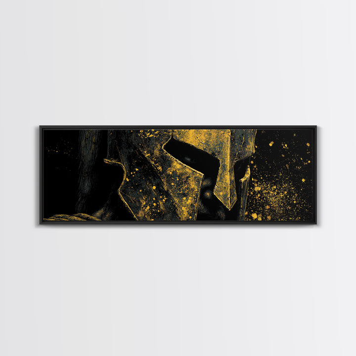 Spartan Warrior Close Up, Ancient Greek Helmet Portrait Decorative Wall Artwork, Gold Canvas Print, Real Wood Frame Decor