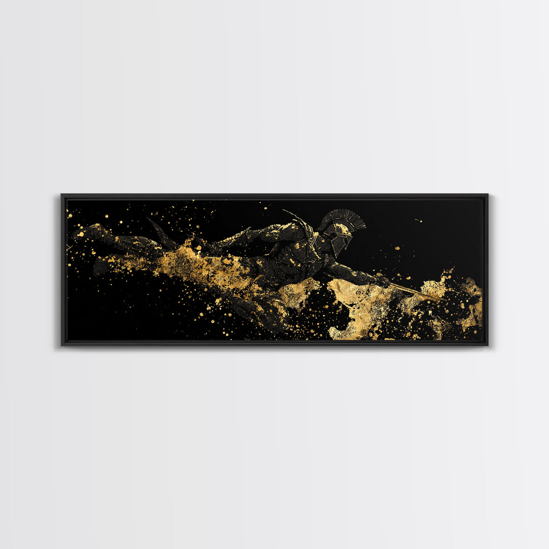 Spartan Warrior Leaping, Ancient Greek Heroic Battle Scene Decorative Wall Artwork, Gold Canvas Print, Real Wood Frame Decor