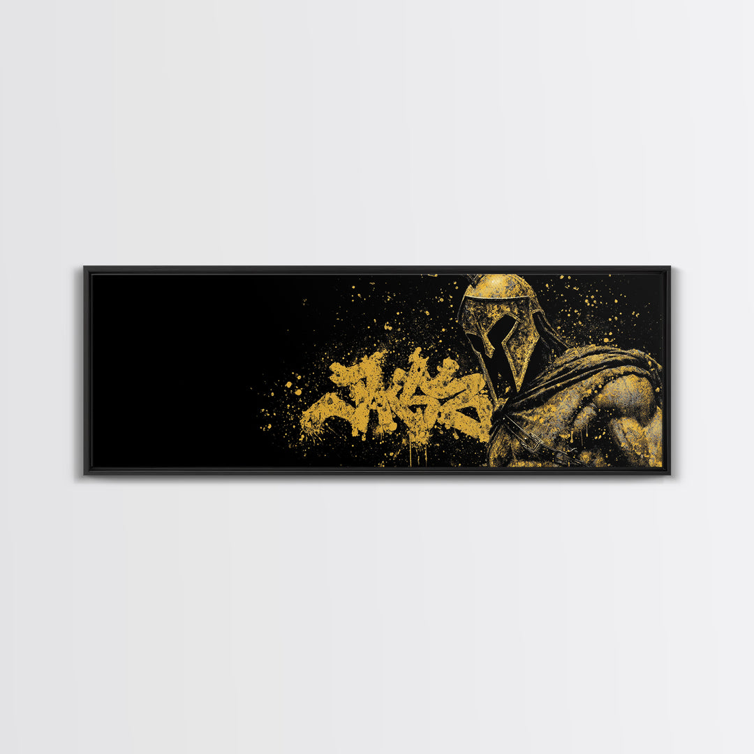 Greek Warrior Portrait, Ancient Spartan Helmet With Symbolic Cloak Artwork, Gold Canvas Print, Real Wood Frame Wall Decor