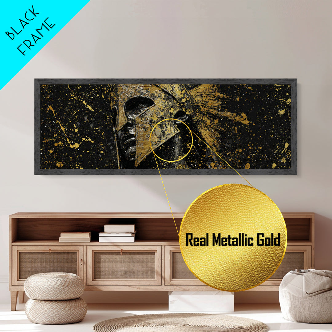 Spartan Helmet And Graffiti, Mythological Greek Warrior Decorative Wall Artwork, Metallic Gold Metal Print, Real Wood Frame Wall Art