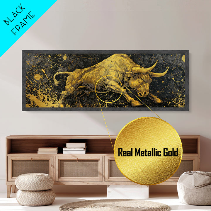 Charging Bull Artwork, Mythical Strength And Power Wall Decor, Metallic Gold Metal Print, Real Wood Frame Art